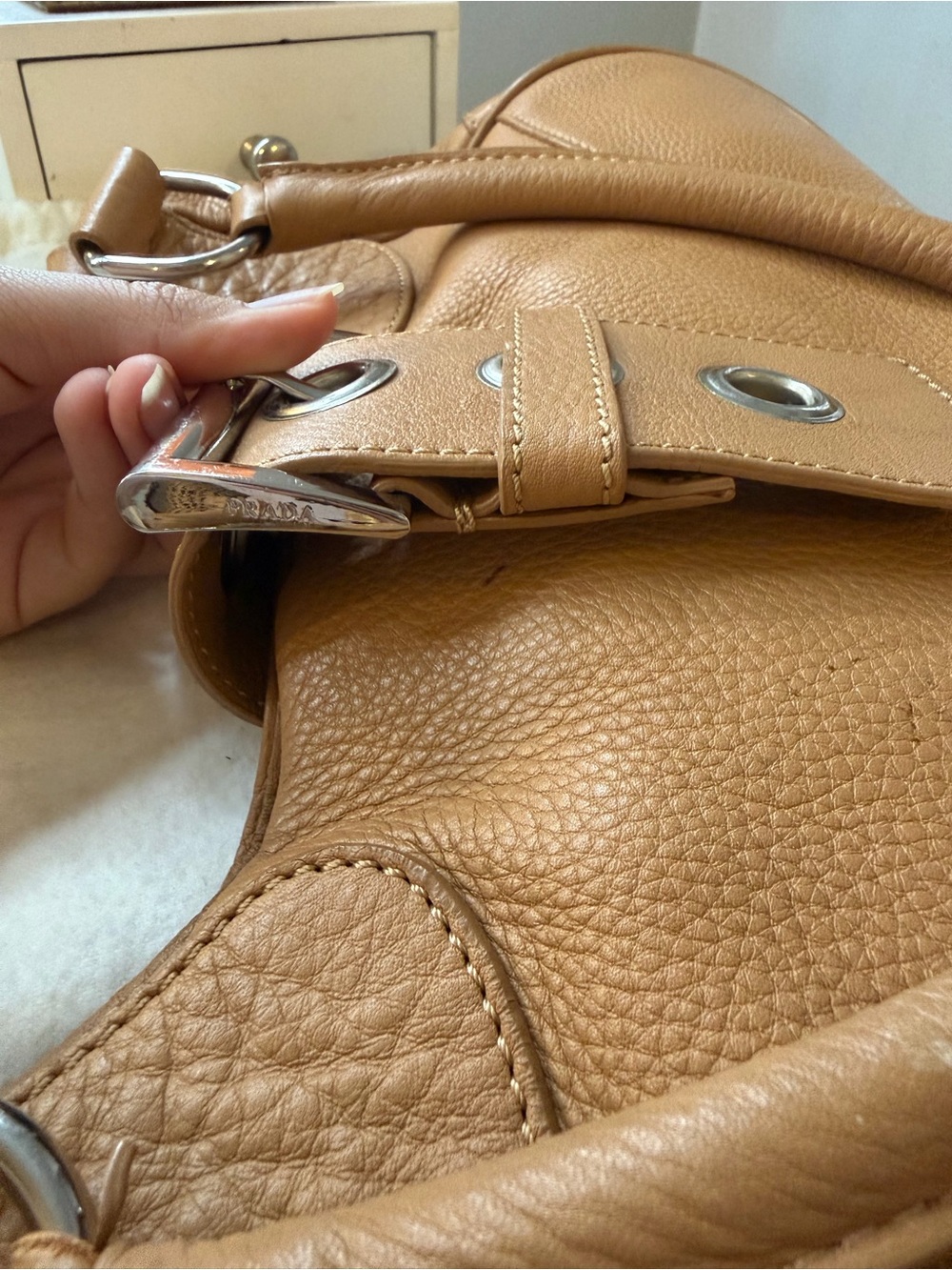 Prada Vitello Daino Moon Camelo Pebbled Leather Shoulder Bag - Picture 5 of 6